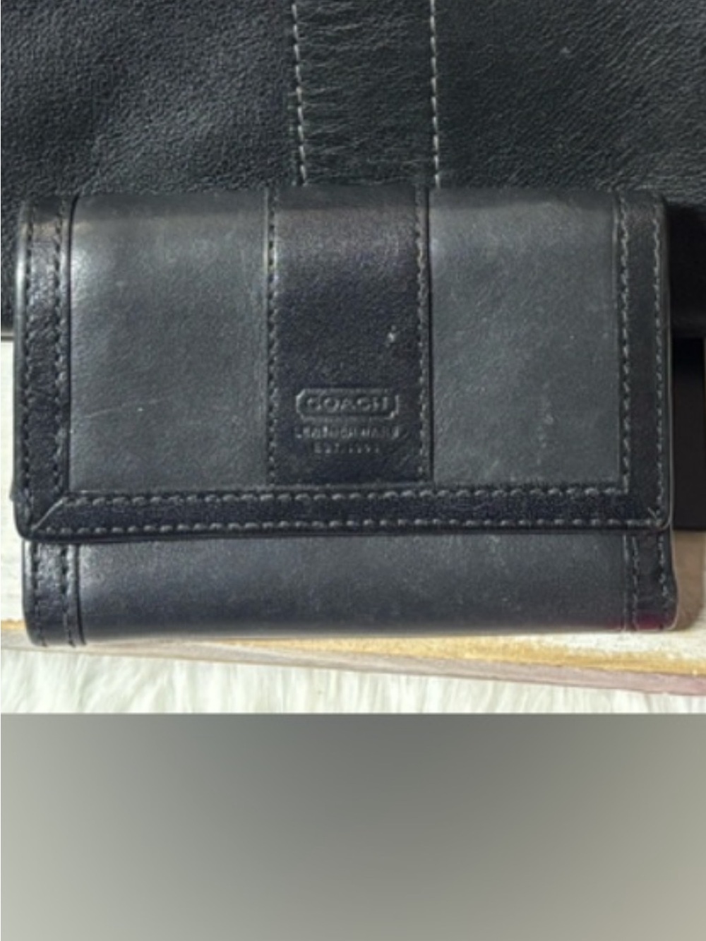 Coach Hampton  Black Leather Compact Trifold Wallet